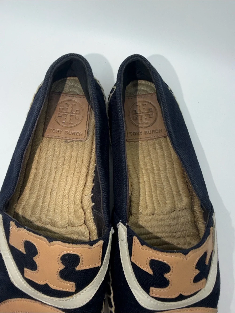 Tony Burch Navy Canvas Espadrilles with Tan & Cream Logo